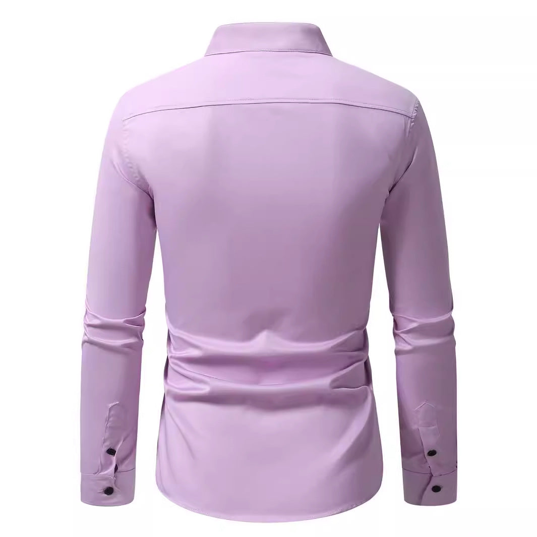 Mens Embroidered Casual Long-Sleeve Shirt - Slim Fit Fashion Collar