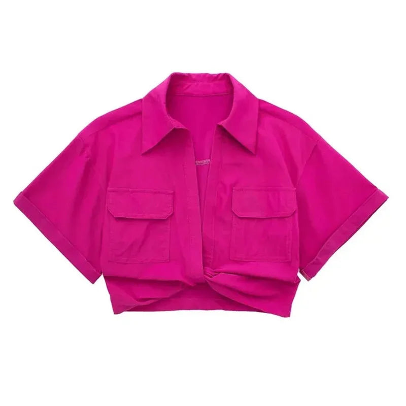 Chic Vintage Cropped Blouse with Front Knot, Elastic Linen, Short Sleeve, and Patch Pockets - Neon North Clothing