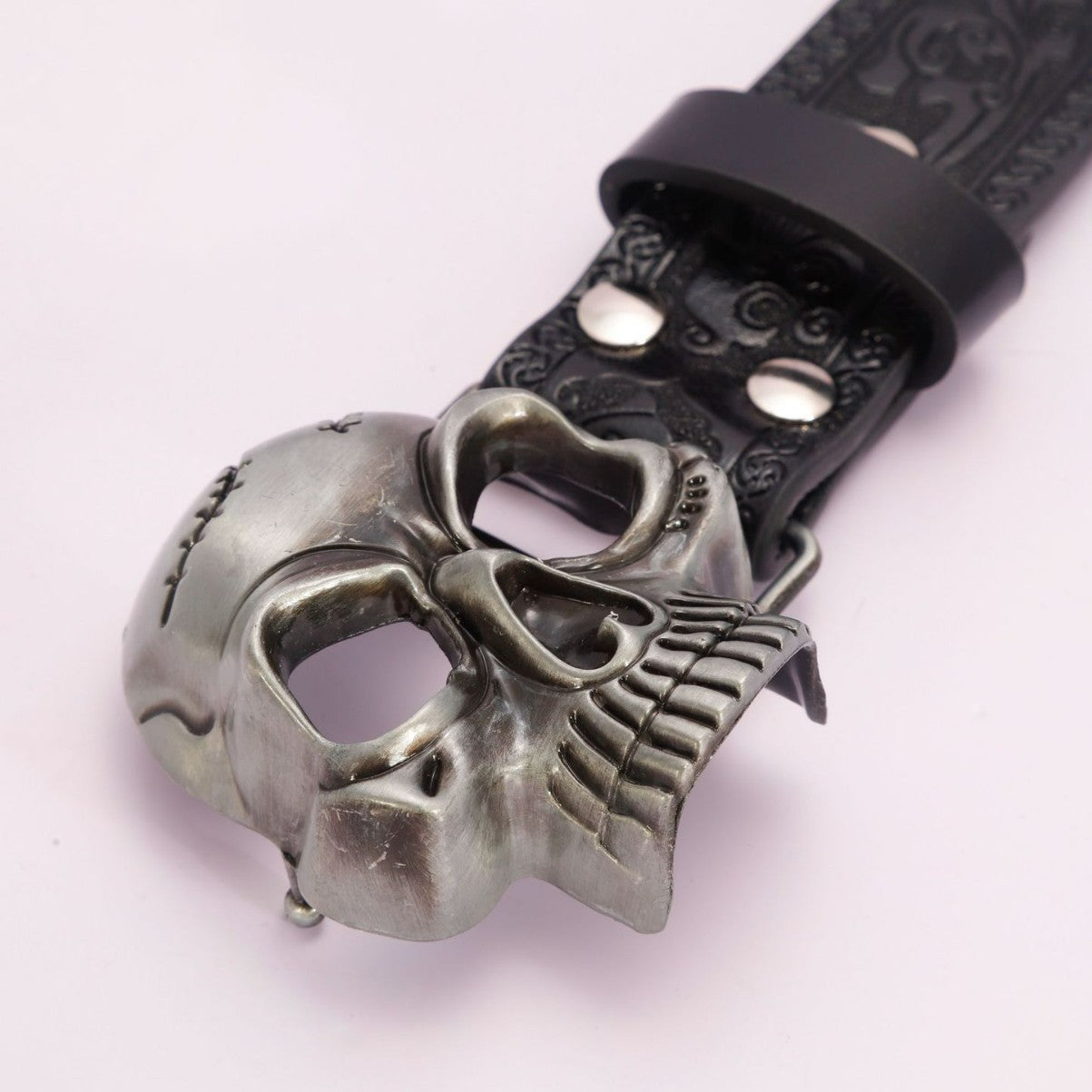 Simple Black PU Embossed Vintage Hollow Skull Belt - Stylish Black Skull Belt for Unique Fashion - Neon North Clothing