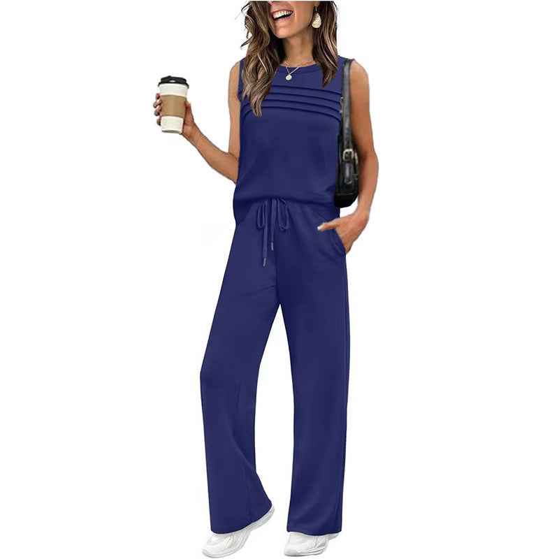 Womens Pleated Vest Top Set - Stylish Two-Piece Outfit for Effortless Chic