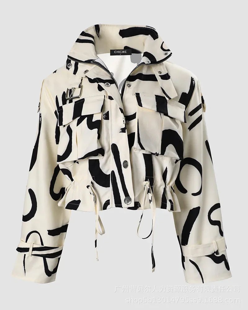 Geometric Vintage Print Jacket Long Sleeve Button Top - Neon North Clothing