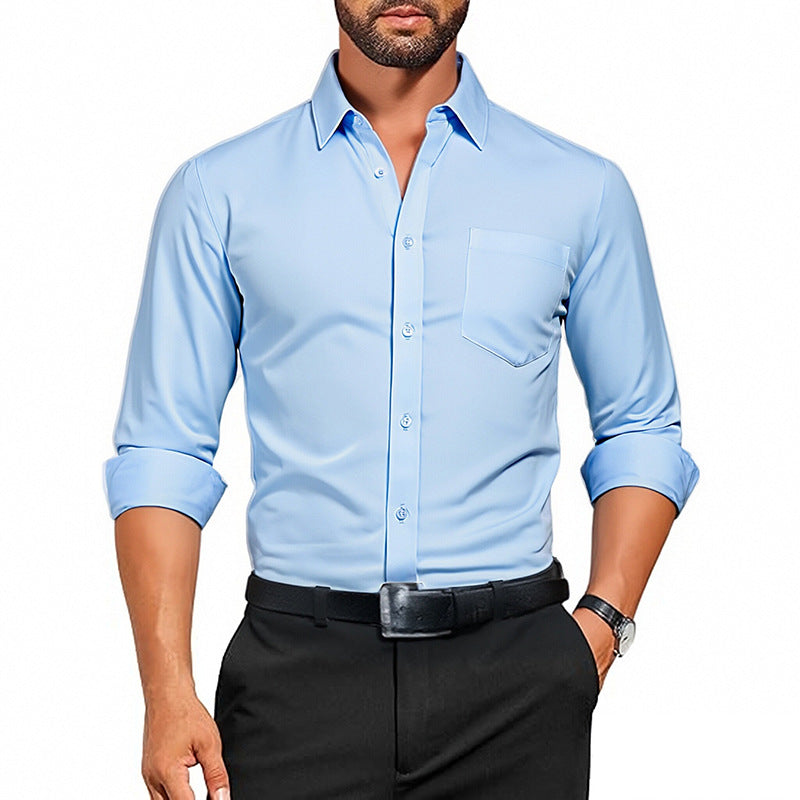 Men's Wrinkle-Resistant Dress Shirt - Breathable Stretch Solid Color Long Sleeve Regular Fit