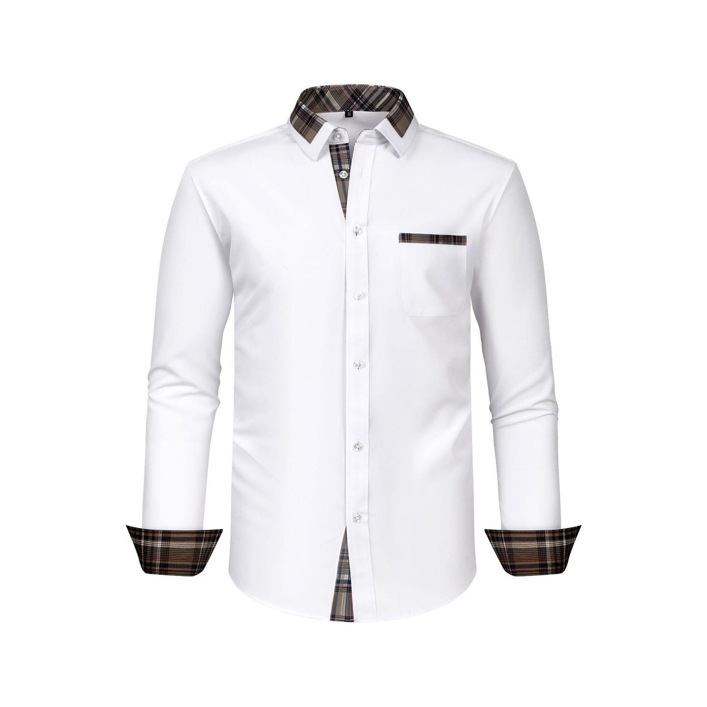 Mens Long Sleeve Shirt Patchwork Collar with Plaid Design for Stylish Comfort