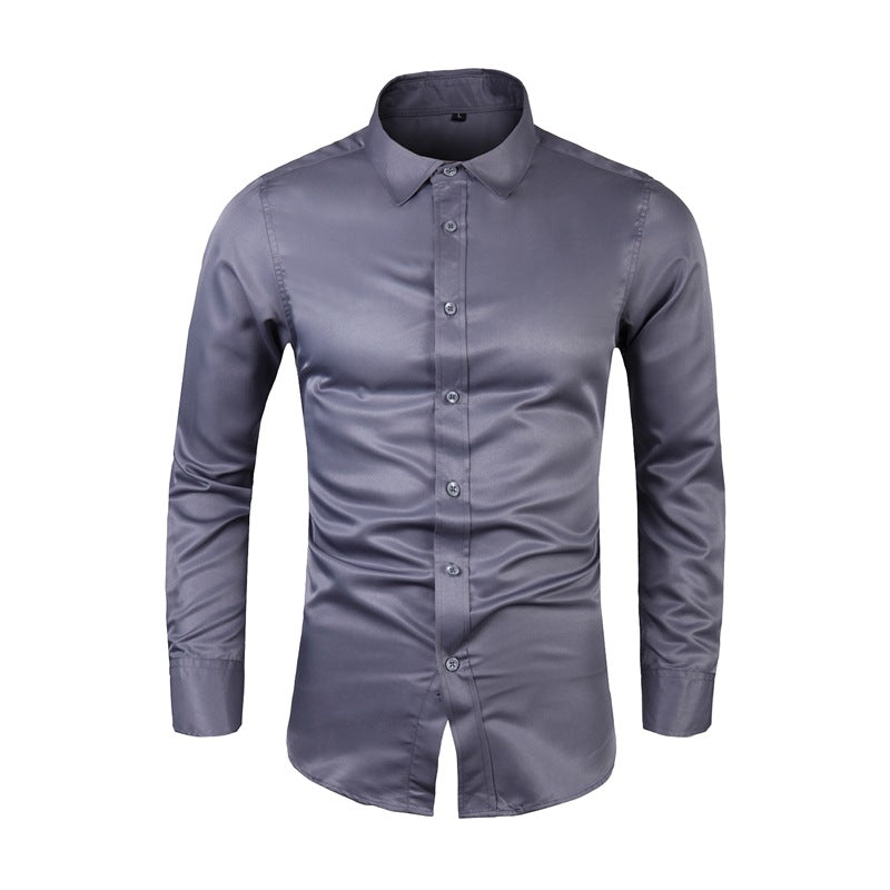 Long-sleeve Plus-size Business Shirt with Lapel Collar - Slim Fit Solid Color