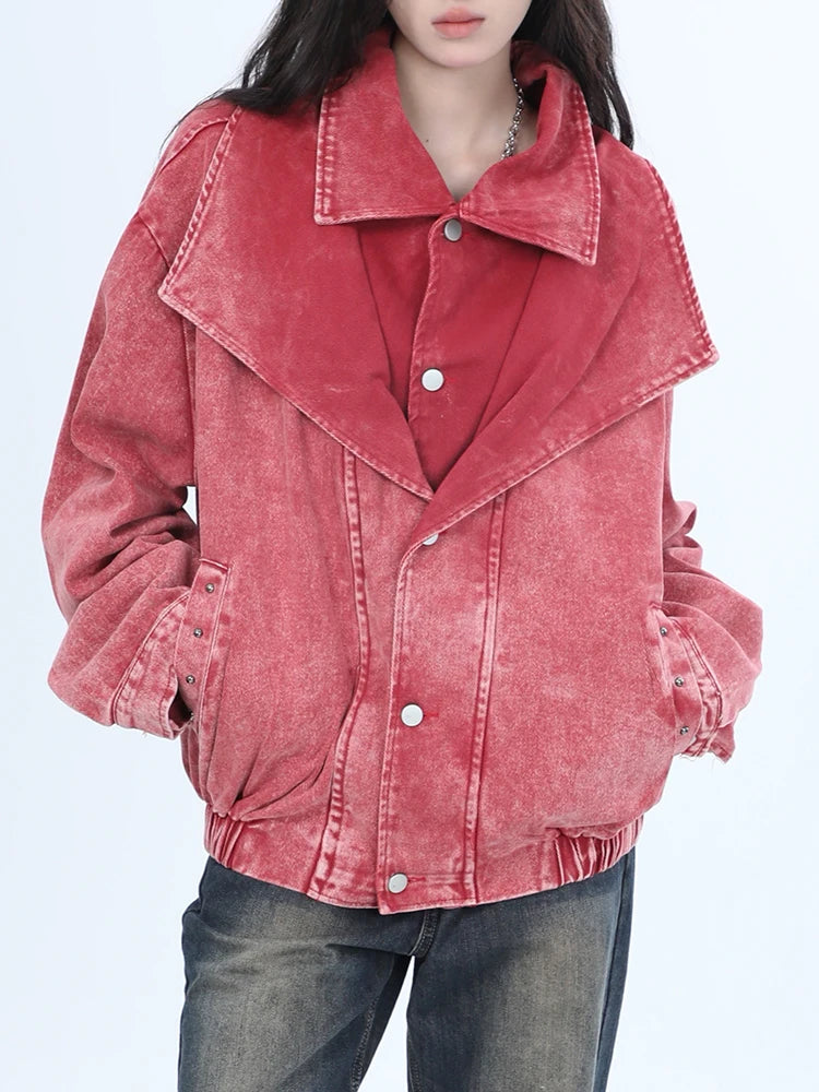 Women Denim Double-layer Collar Long Sleeves Single Breasted Washed Retro Jacket - Neon North Clothing