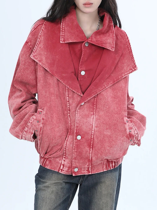 Women Denim Double-layer Collar Long Sleeves Single Breasted Washed Retro Jacket - Neon North Clothing