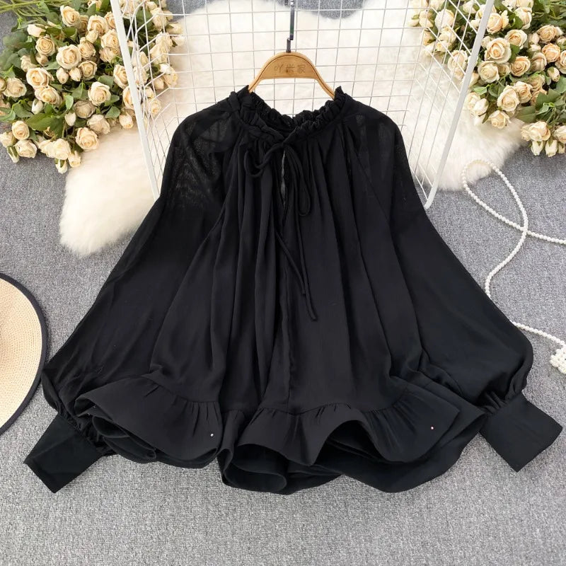 O-neck Long Sleeve Chiffon Ruffles Blouse - Neon North Clothing
