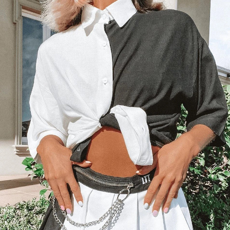 Black White Patchwork Blouse - Casual Street Short Sleeves Top - Neon North Clothing