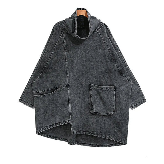Turtleneck Oversize Denim Sweatshirt Pullover Washing Top - Neon North Clothing