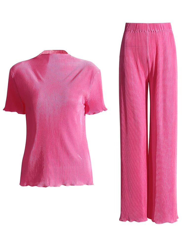 Solid Minimalist Two Piece Set with Stand Collar Short Sleeve Tops and High Waist Bottoms - Neon North Clothing