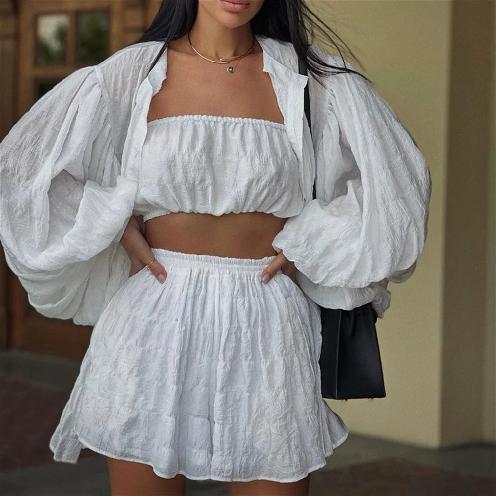 White Cardigan Shorts Suit - 3 Piece Lantern Long Sleeve Top and Shorts Set - Neon North Clothing