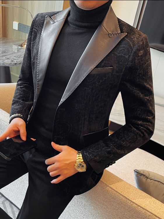 Jacquard Velvet Leather Blazer for Men with Stylish Lapel