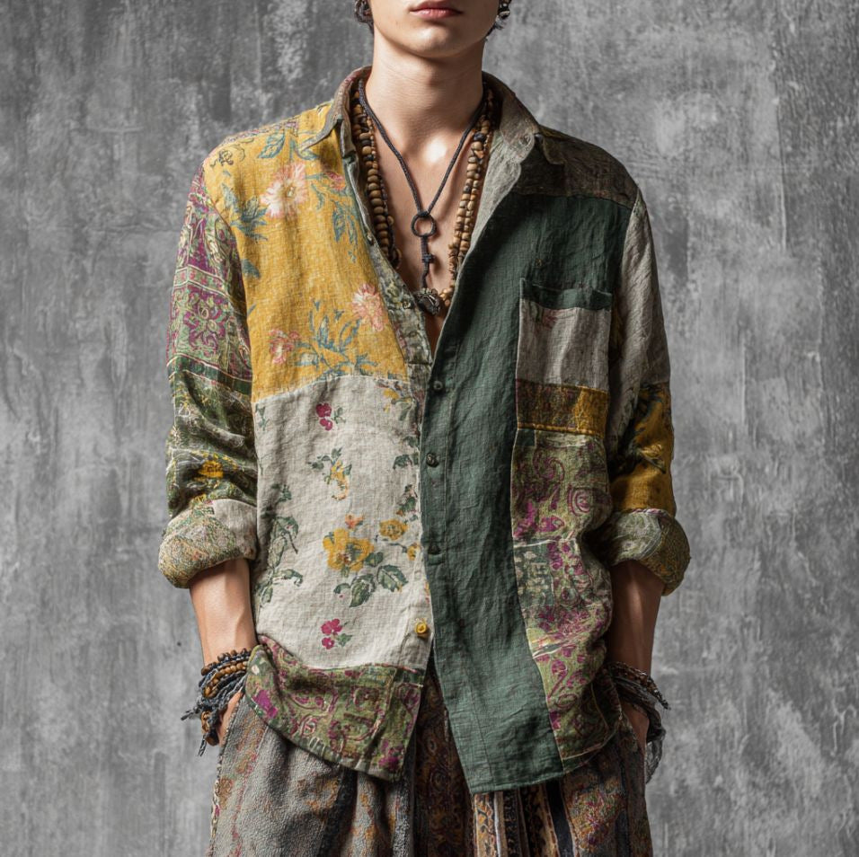 Retro Floral Long-Sleeve Shirt for Men – Casual American-Style Loose-Fitting Print