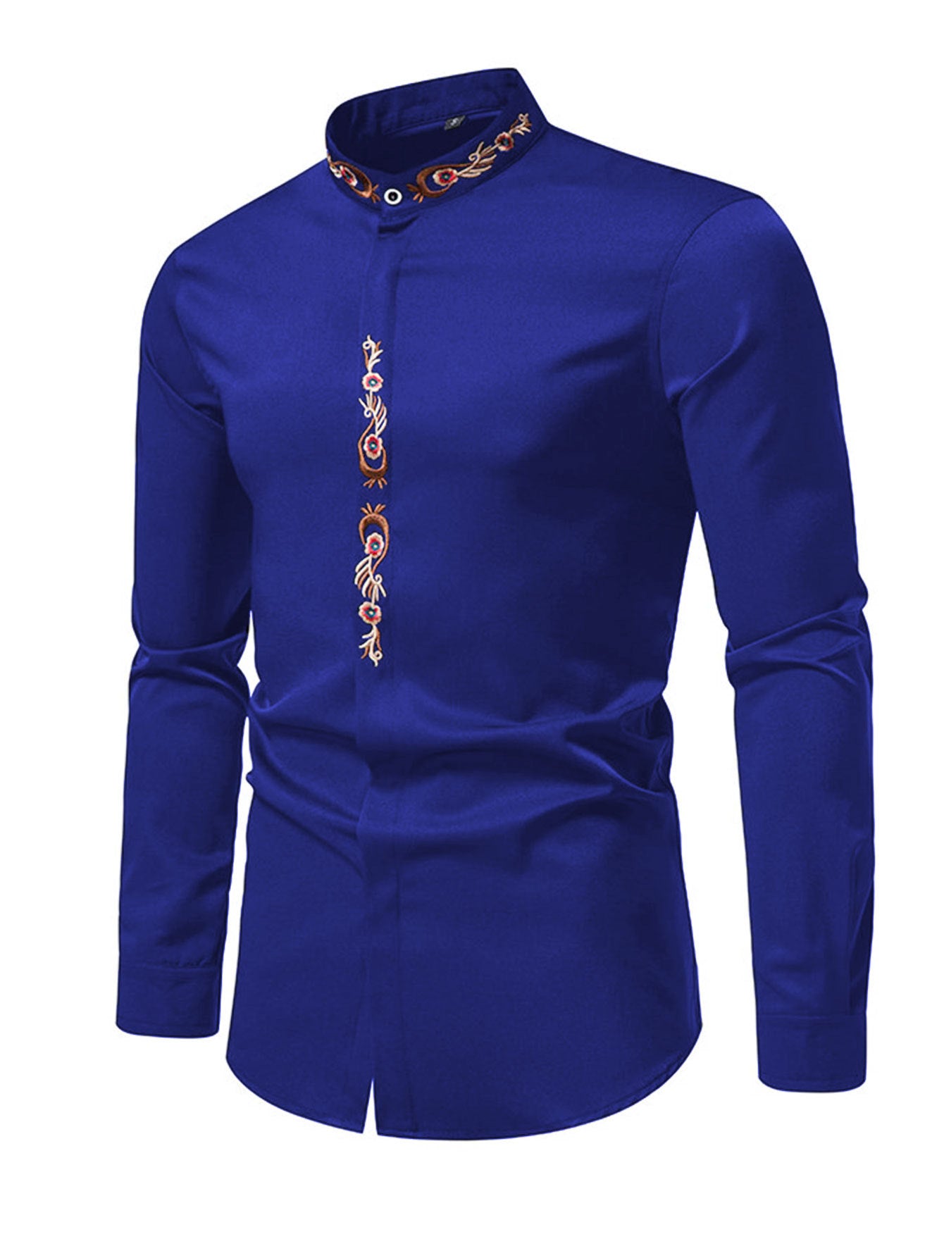 Mens Embroidered Casual Long-Sleeve Shirt - Slim Fit Fashion Collar