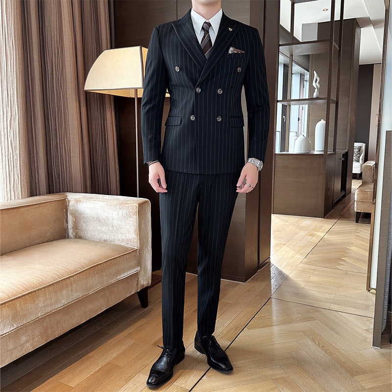 Peak Lapel Double-Breasted Coat with Textured Stripes - Three-Piece Set