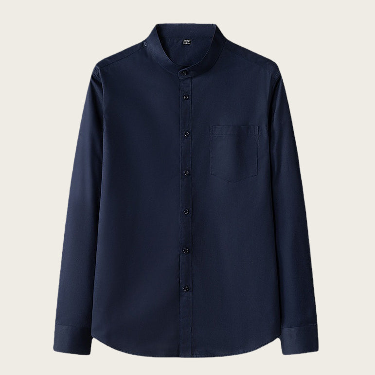 Men's Slim Fit Pocket Shirt - Stand Collar Long Sleeve Solid Color Design