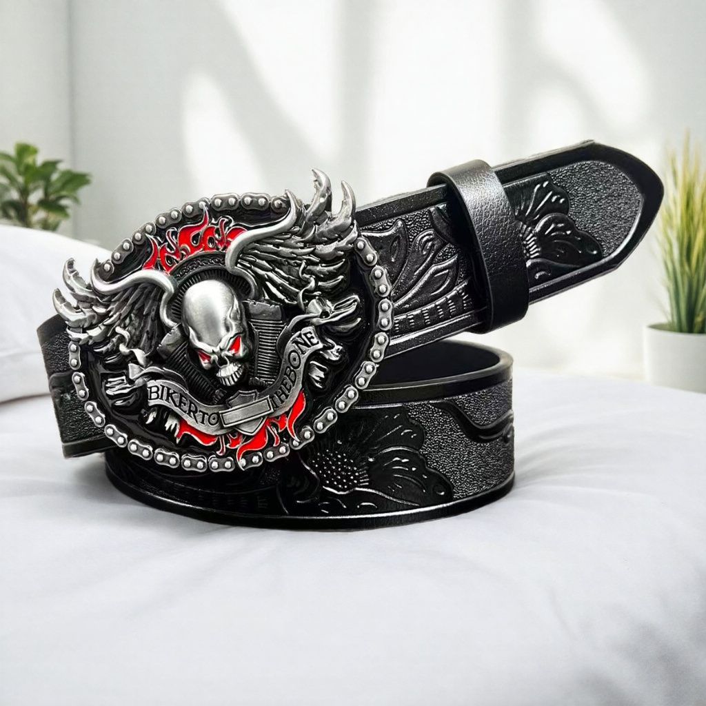 Mens Leather Belt with Alloy Buckle - Vintage Embossed Design - Neon North Clothing