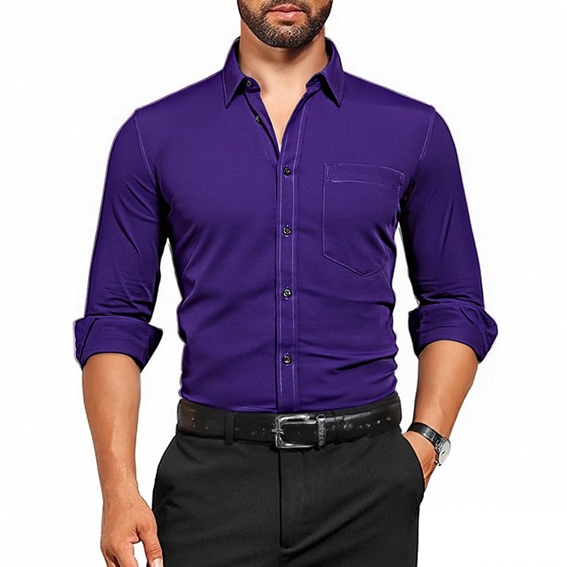 Men's Wrinkle-Resistant Dress Shirt - Breathable Stretch Solid Color Long Sleeve Regular Fit