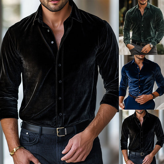 Velvet Long Sleeve Shirt - Loose Fit Solid Color Style