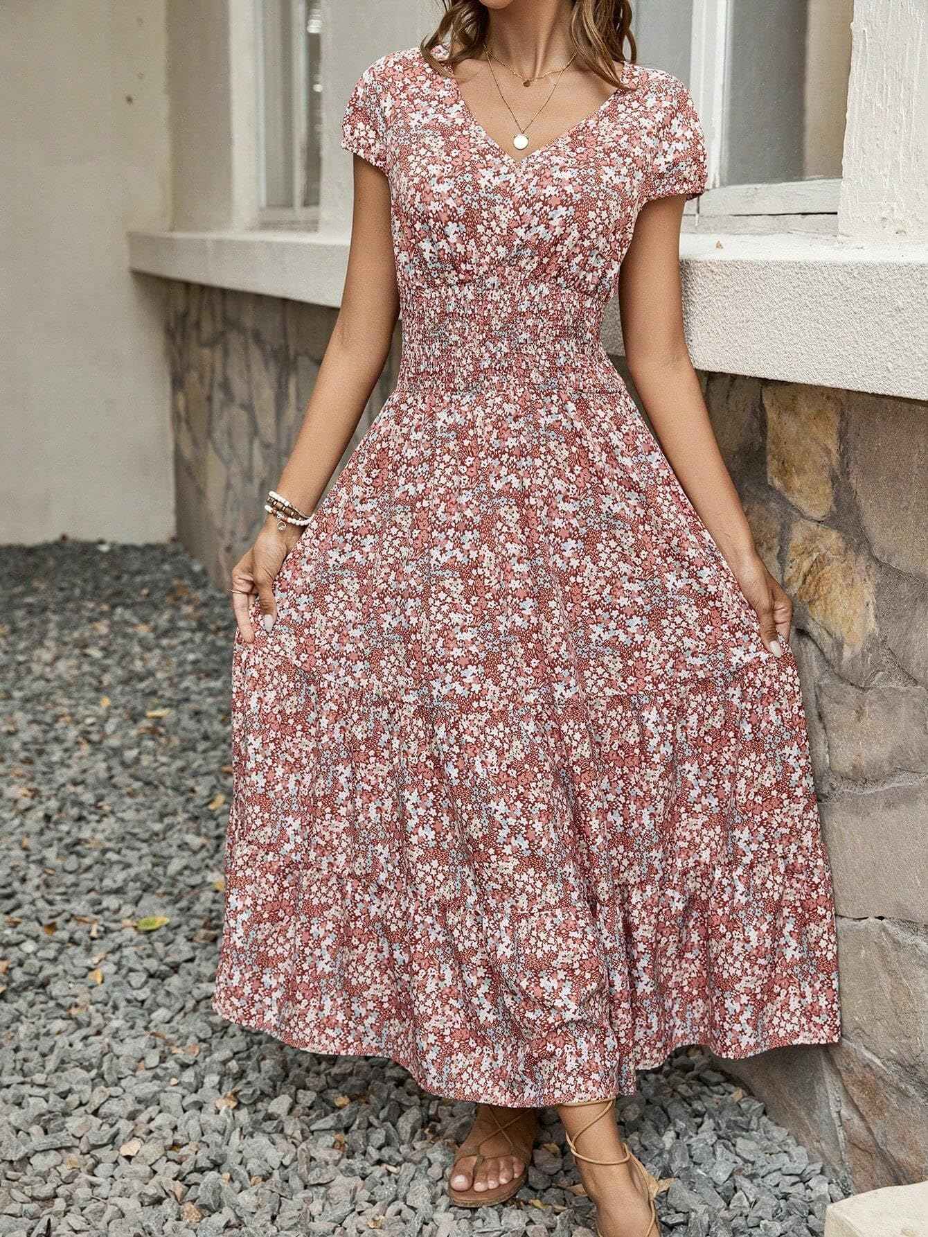 Soft Breathable Machine Washable Women's Floral V-Neck Dress
