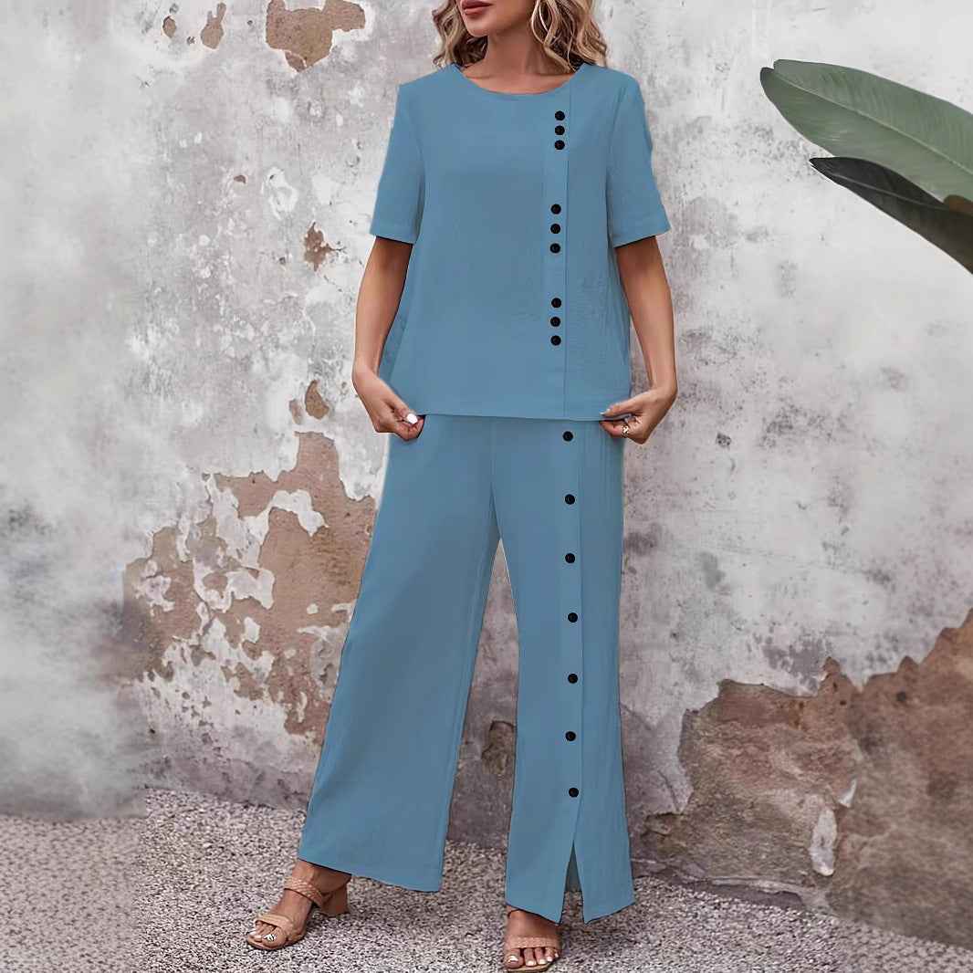 Two-piece Women's Outfit: Short-sleeve Button-up Top & Loose-fit Style