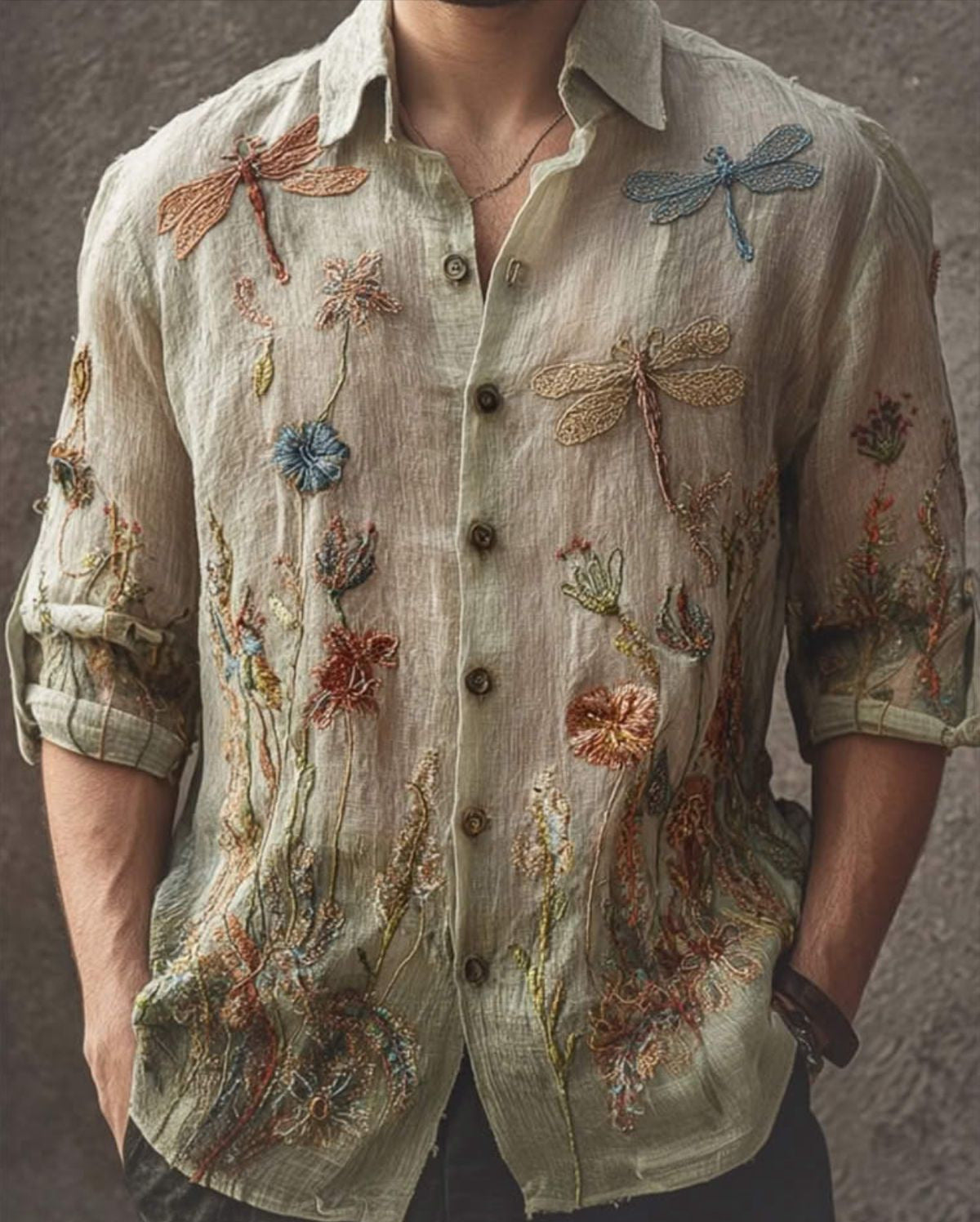 Retro Floral Long-Sleeve Shirt for Men – Casual American-Style Loose-Fitting Print