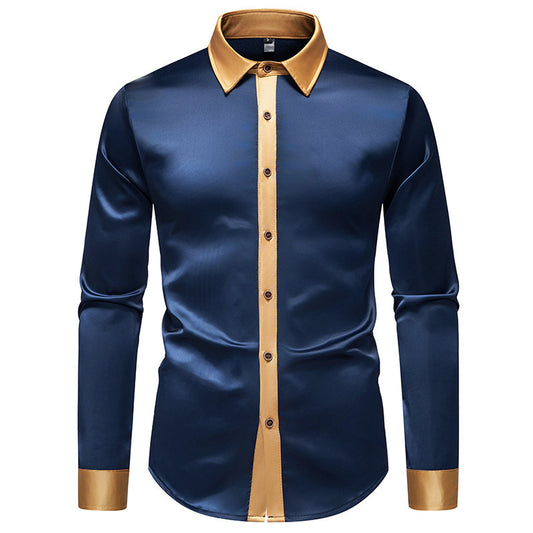 Mens Satin Colorblock Shirt - Slim Fit Long Sleeve Stylish Design