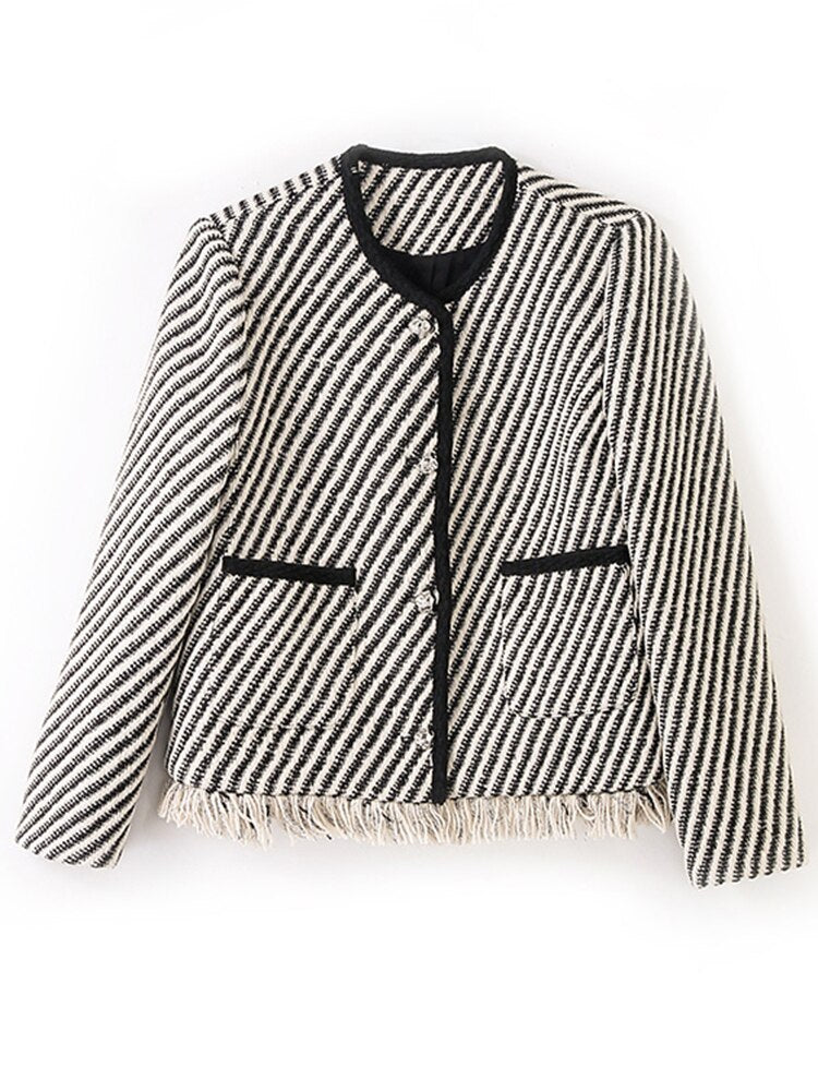 Striped Round Neck Long Sleeve Patchwork Tassels Hem Coat - Neon North Clothing