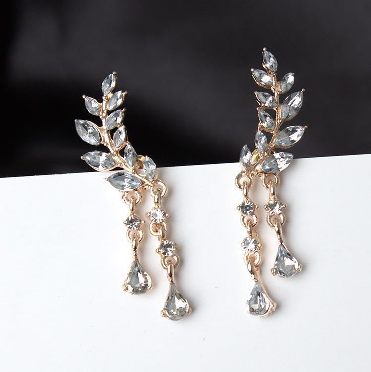 New Sweet Sparkling Diamond Pop Leaf Leaf Tassel Crystal Droplet Earrings - Neon North Clothing