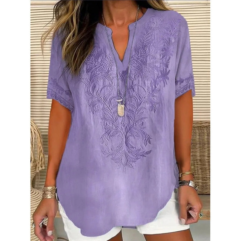 3D Printed Women's V-neck Top - Loose Short Sleeve Design