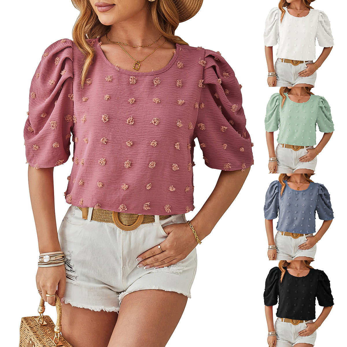 Jacquard Fur Ball Top - Trendy Short Sleeve Square Collar Style
