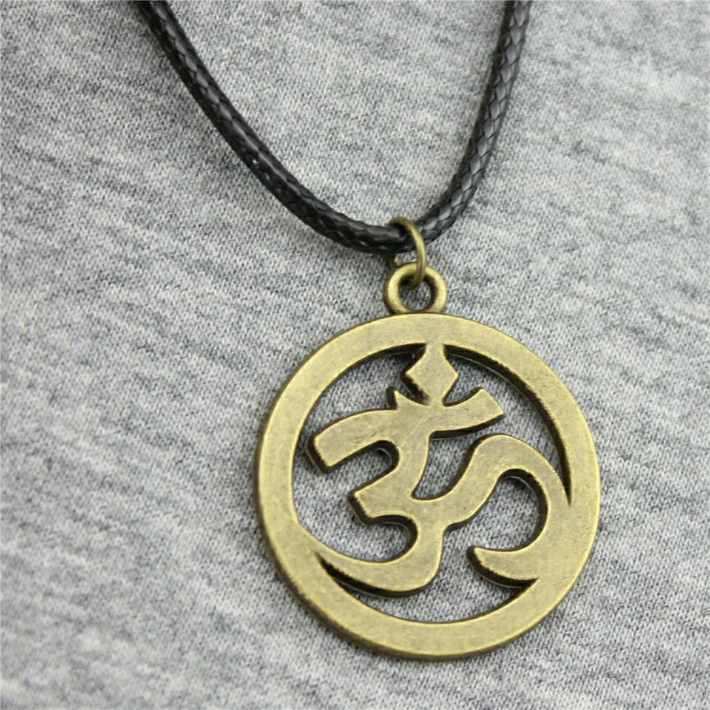 Antique OM Pendant Leather Chain Necklace - Neon North Clothing