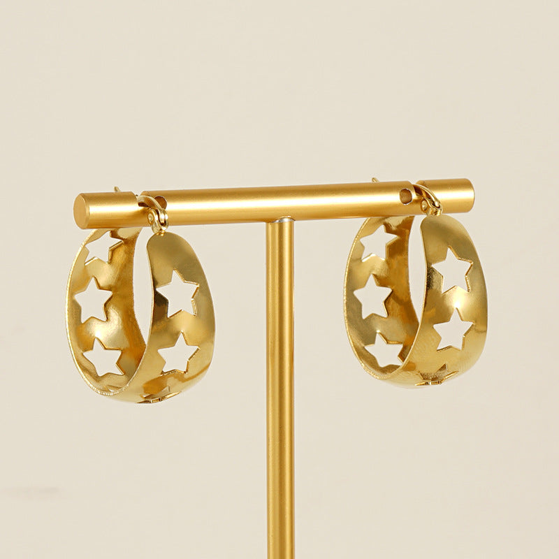 Stainless Steel Gold-Star Earrings with 18K Gold Retro Hollow-Out Design