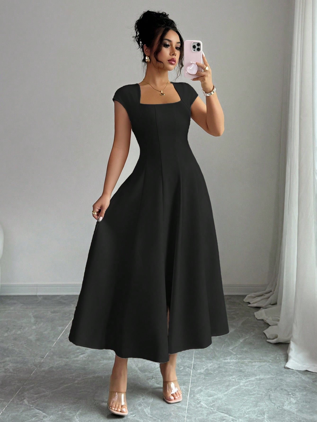 Square Neck Flared Midi Dress with Waist-Cinched Design and Short Sleeves - Neon North Clothing