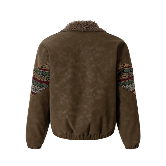 Retro Ethnic Style Woven Belt Splicing Leather Jacket - Neon North Clothing