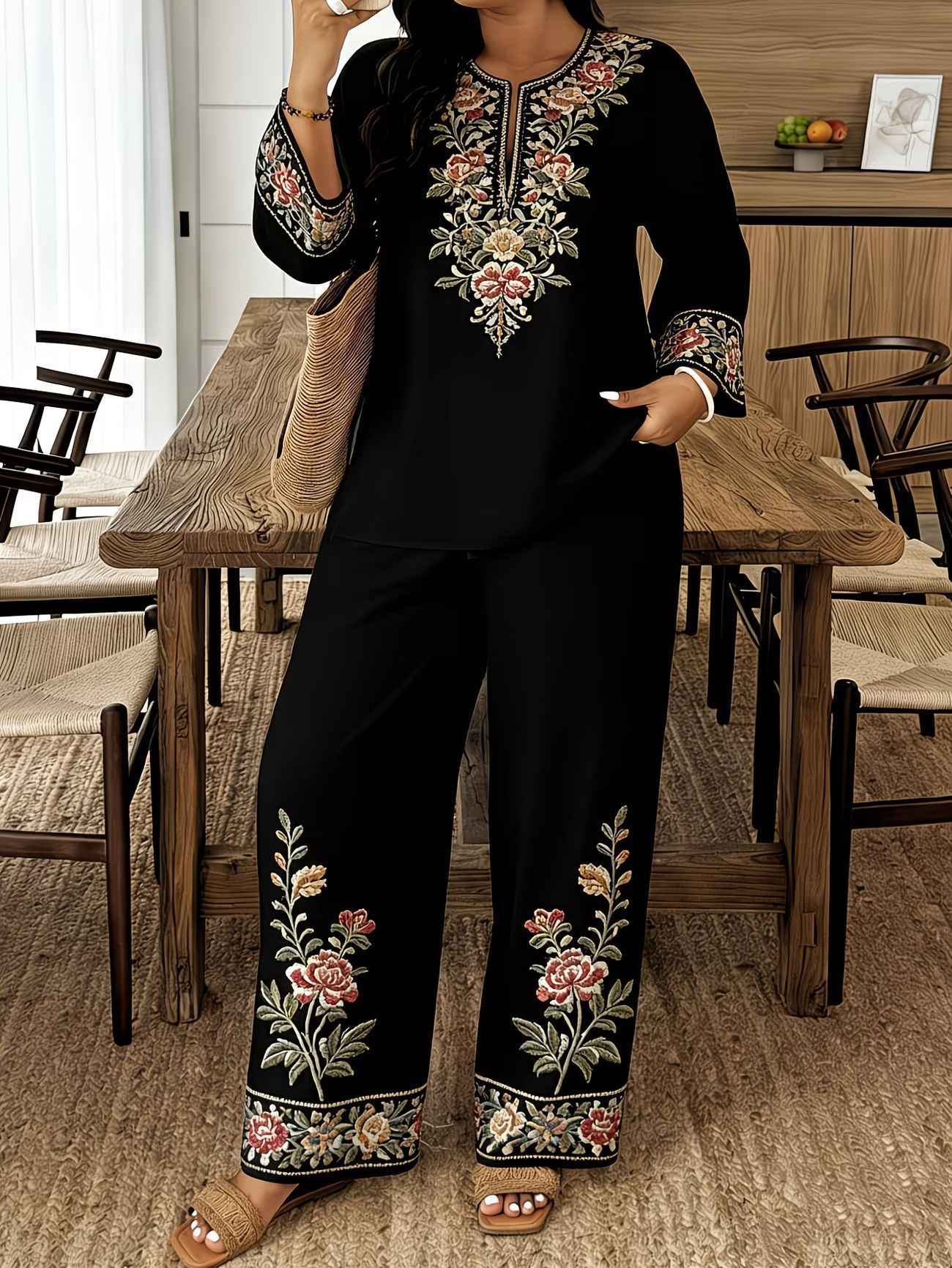 Middle Eastern Lace Floral Set - Elegant Long-sleeve Ethnic-style Fashion