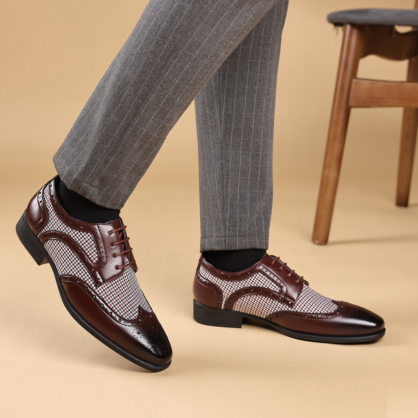 Chaussures homme en cuir décontracté à motif pied-de-poule et carreaux