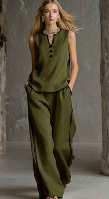Sleeveless V-Neck Black Trim Contrast Color Simple Womens Top And Wide-Leg Pants Set