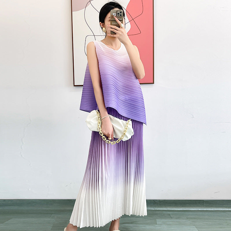 2 Pieces Gradient Pullover and Pleated Skirt Outfit - Chic & Stretchy Fashion Set - Neon North Clothing