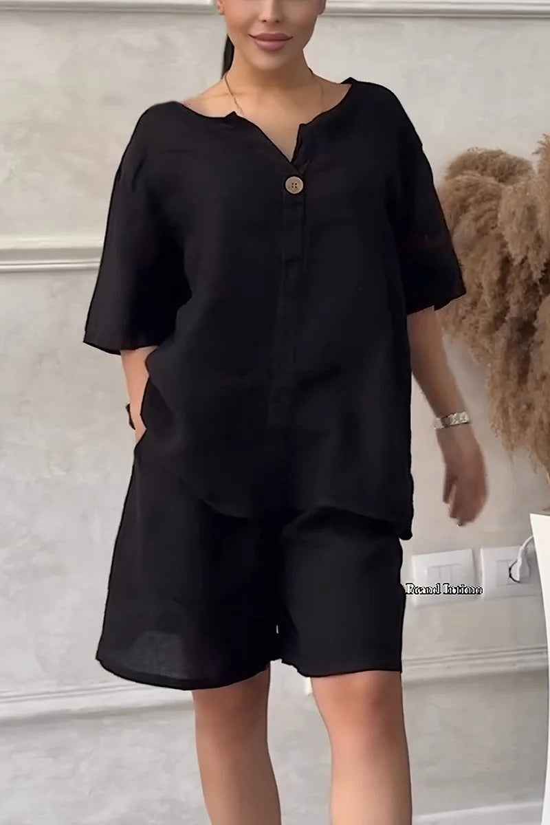 Cotton-linen Shirt Set with Shorts for Women - High-waisted Loose Style