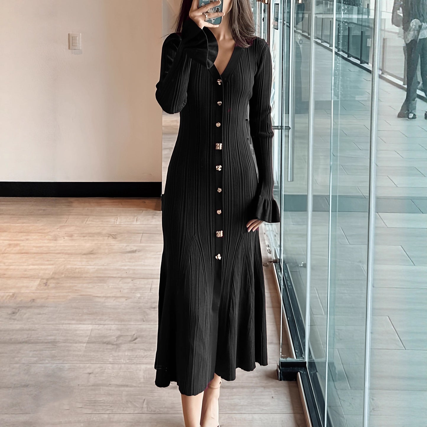 Elegant Luxury Shimmer V-Neck Long Sleeve Fitted Waist Knit Dress - Neon North Clothing