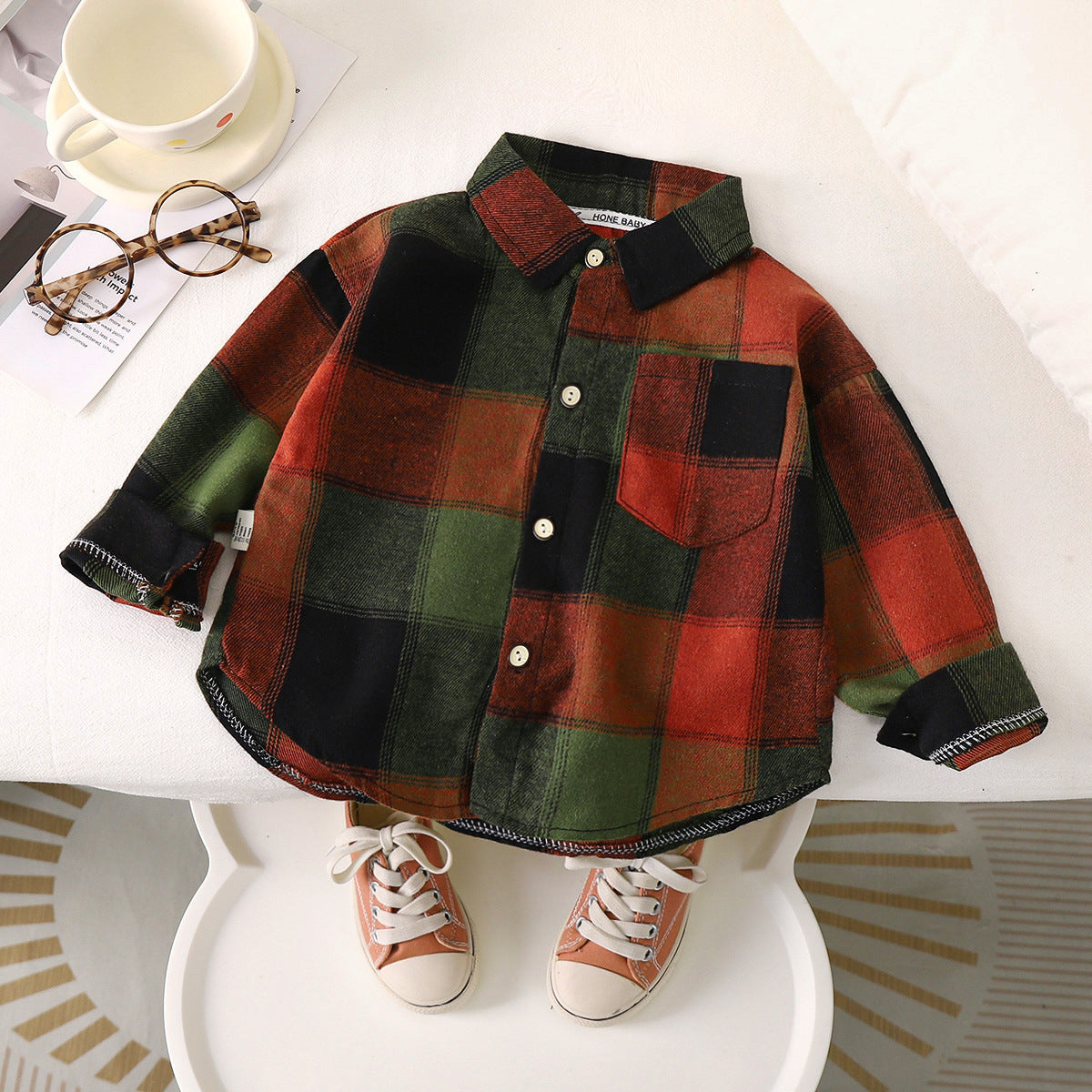 Unisex Plaid Shirt for Kids - Contrast Long Sleeve Turn Down Collar Shirt (1-10 Years) - Neon North Clothing