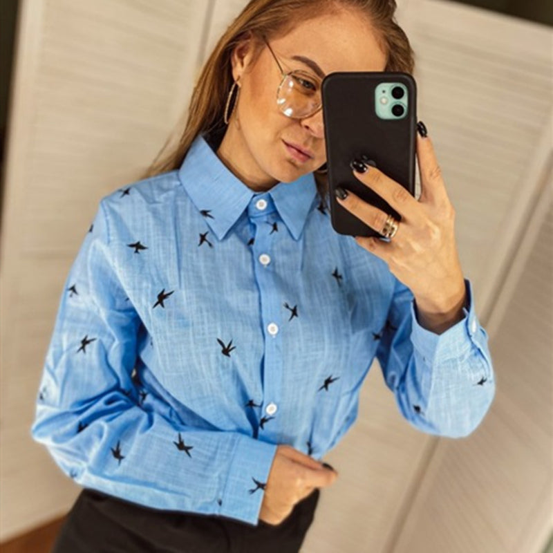 Bird's Print Blouse - Long Sleeve Loose Casual Style - Neon North Clothing