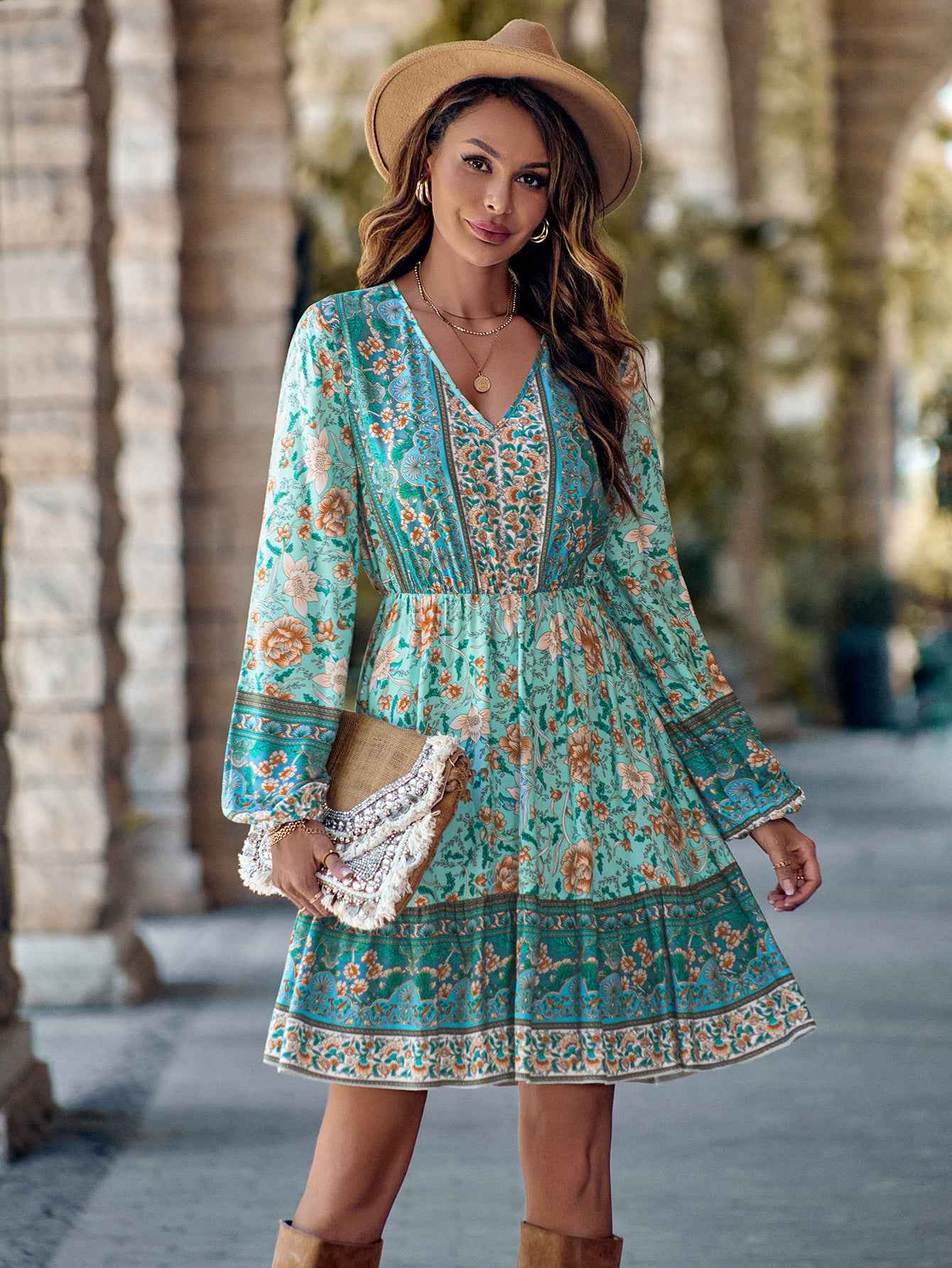 Waist-Control V-Neck Dress for Women - Printed Long Sleeve Style
