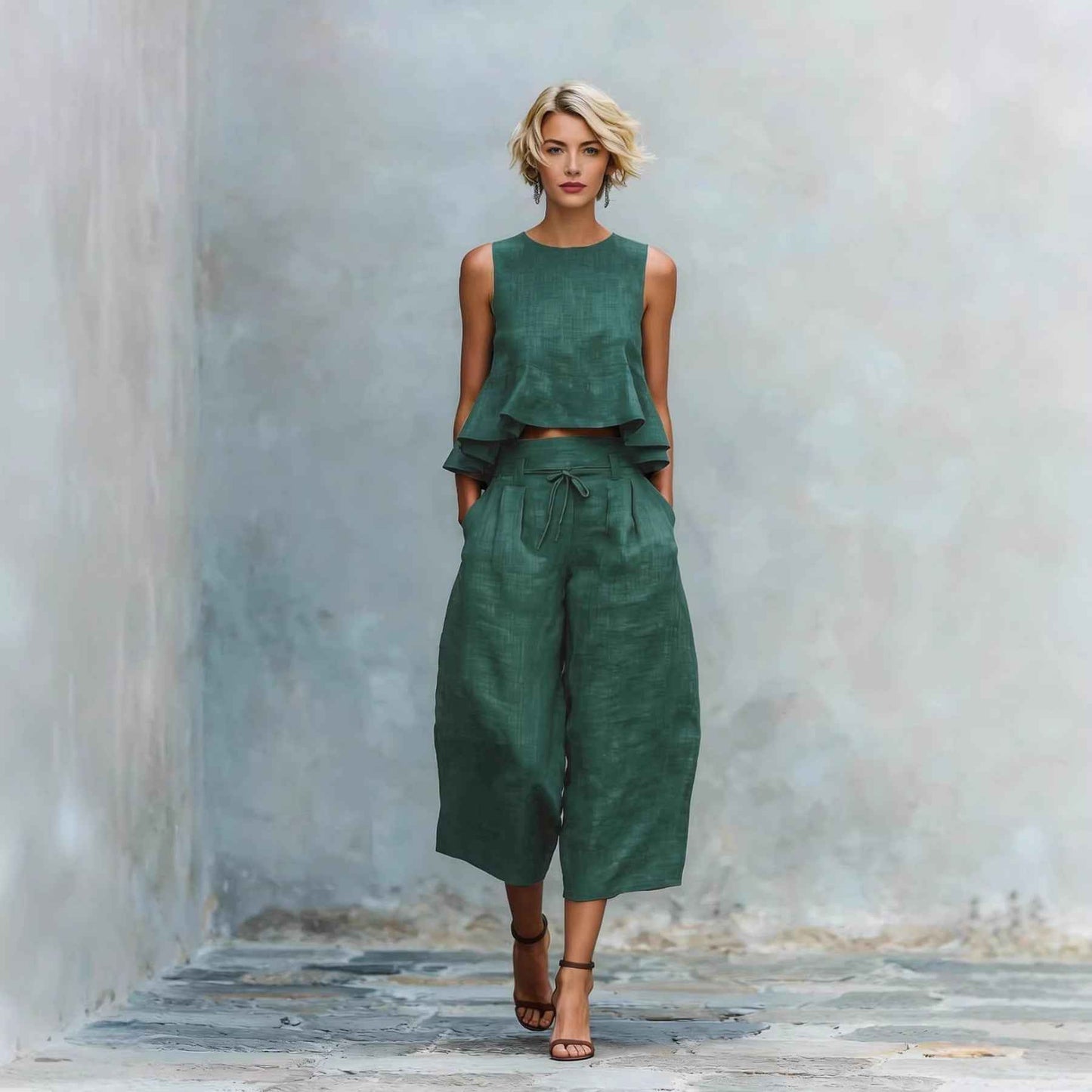 Womens Linen-Blend Two-Piece Set with Ruffled Detailing for Effortless Style