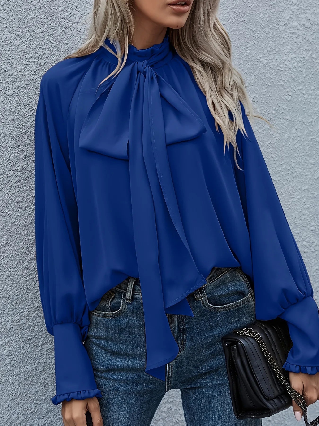 High Collar Bow Tie Long Sleeve Casual Loose Versatile Round Neck Top - Neon North Clothing
