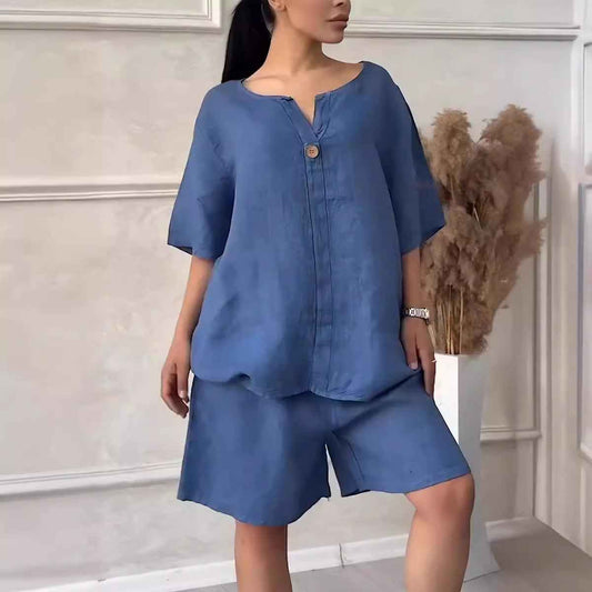 Cotton-linen Shirt Set with Shorts for Women - High-waisted Loose Style