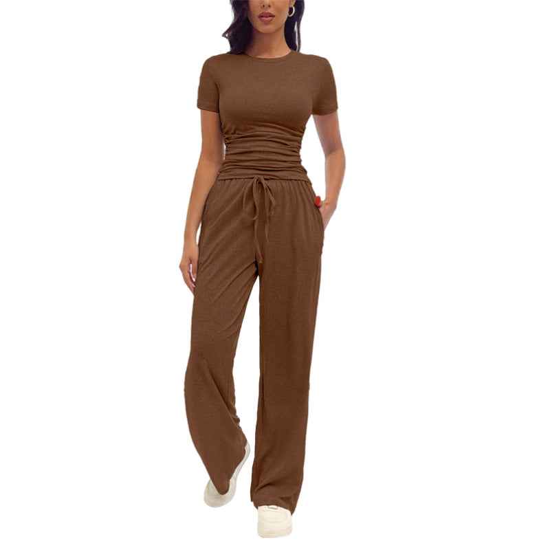 Women's Casual Pleated Set - Fashionable Short-Sleeve Ensemble for Everyday Wear