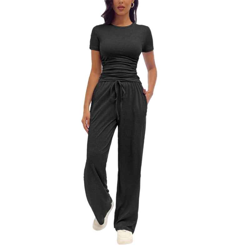 Women's Casual Pleated Set - Fashionable Short-Sleeve Ensemble for Everyday Wear