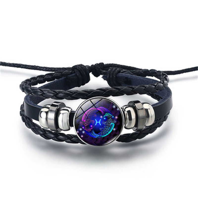 12 Constellations Horoscope Glass Alloy Beaded Glow Leather Bracelet - Neon North Clothing